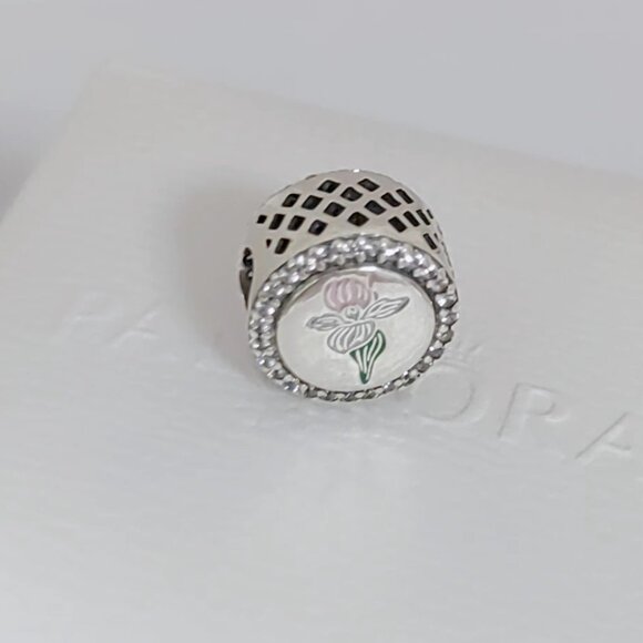 Pandora Minnesota Bead Charm The Pink and White Lady's Slipper S925 ALE with box - Picture 6 of 7